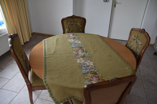 Old Wooden Dining Room Set - With Embroidered Chairs