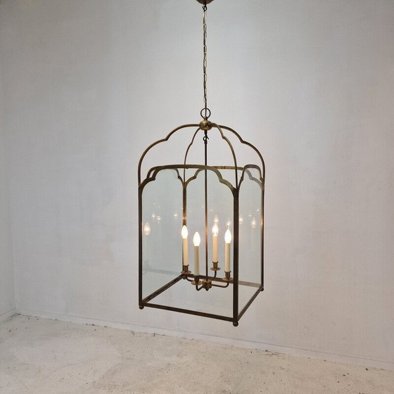 Image 1 of Pair of vintage brass and glass French hall lanterns