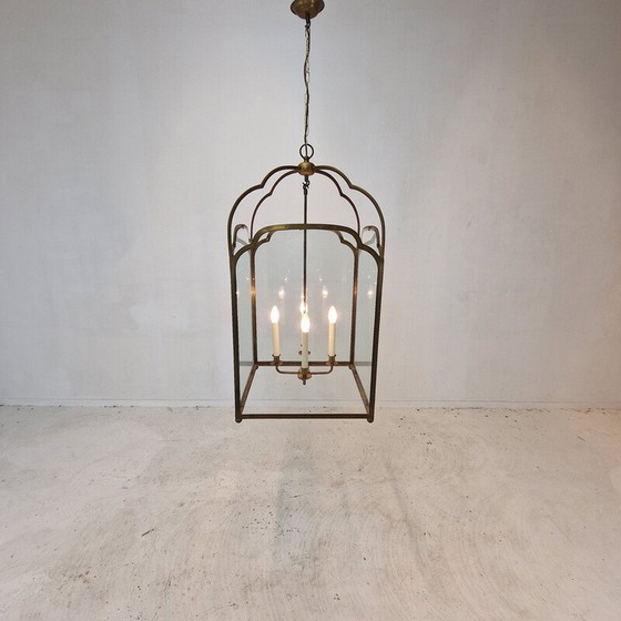 Image 1 of Pair of vintage brass and glass French hall lanterns