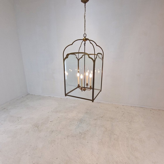 Image 1 of Pair of vintage brass and glass French hall lanterns