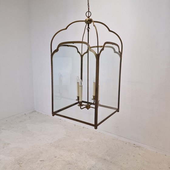 Image 1 of Pair of vintage brass and glass French hall lanterns