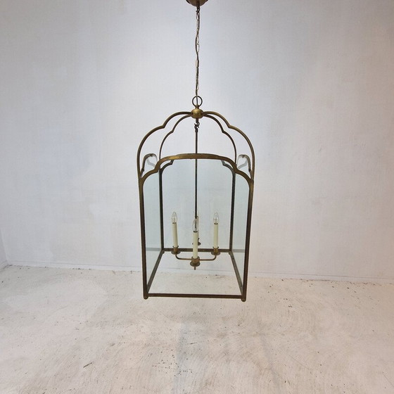 Image 1 of Pair of vintage brass and glass French hall lanterns