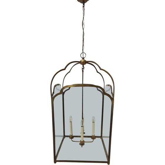 Image 1 of Pair of vintage brass and glass French hall lanterns