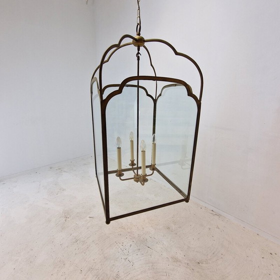 Image 1 of Pair of vintage brass and glass French hall lanterns