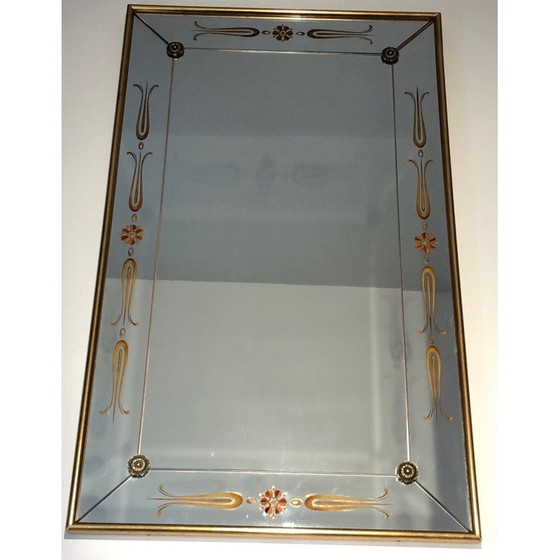 Image 1 of Vintage mirror engraved with gold and red decorations, 1970