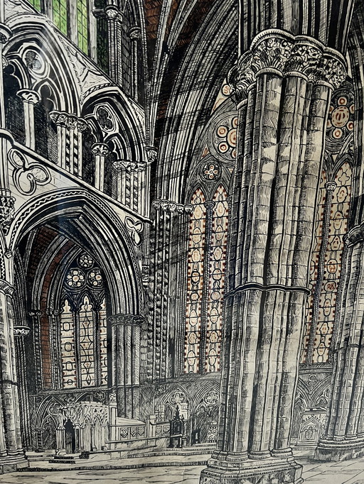 Dessin à la plume original signé Cathédrale 1951