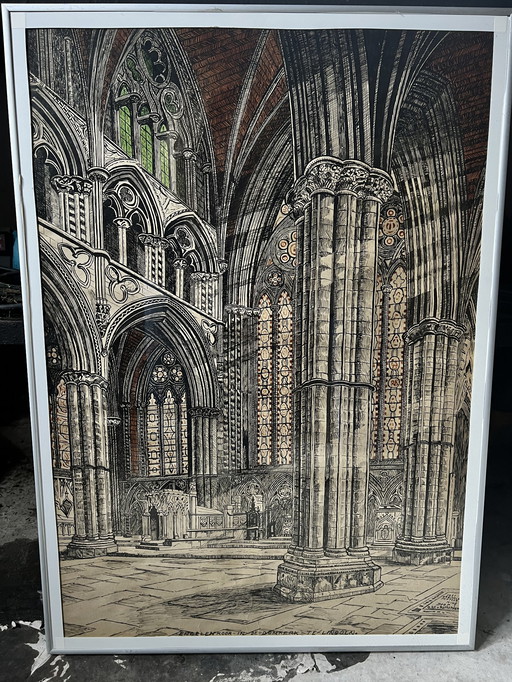 Dessin à la plume original signé Cathédrale 1951