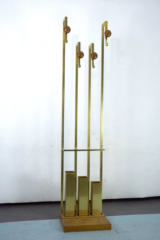 Mid-Century Brass And Wood Coat Rack. Italy 1970S