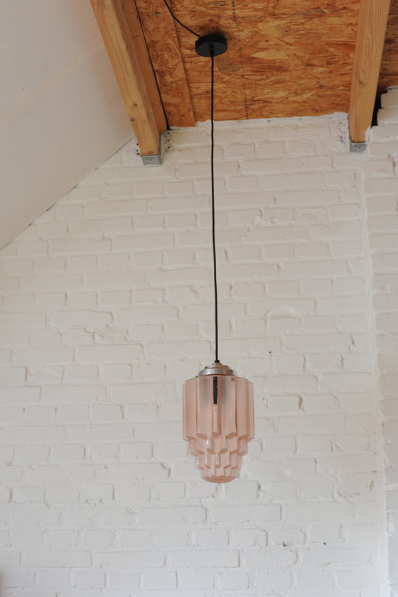 Image 1 of Art Deco Old Pink Glass Skyscraper Pendant Lamp