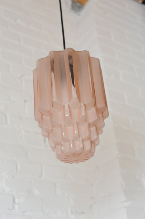 Image 1 of Art Deco Old Pink Glass Skyscraper Pendant Lamp