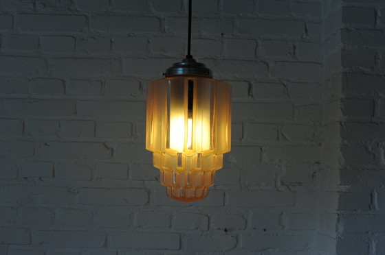 Image 1 of Art Deco Old Pink Glass Skyscraper Pendant Lamp