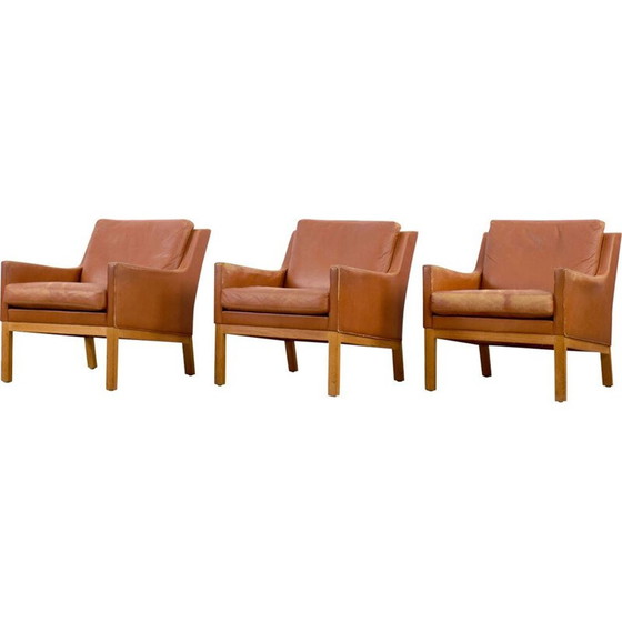 Image 1 of Set of 3 vintage armchairs wood structure covered with leather by Karl Erik Ekselius for J.O. Carlsson, Sweden 1960