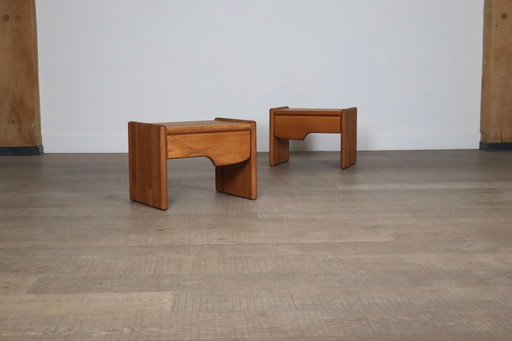 Pair Of Midcentury Modern Nightstands In Solid Elm Wood, France 1960s