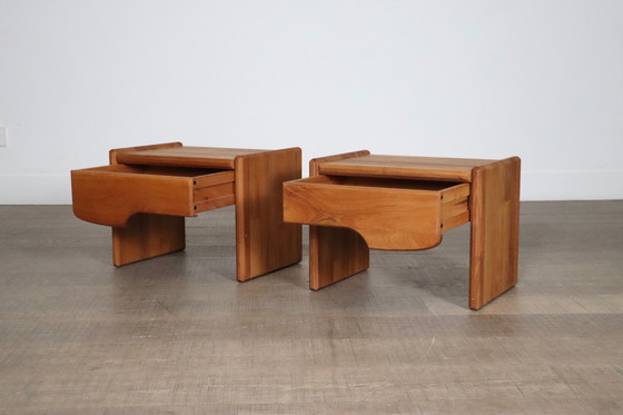 Image 1 of Pair Of Midcentury Modern Nightstands In Solid Elm Wood, France 1960s