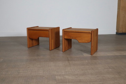 Pair Of Midcentury Modern Nightstands In Solid Elm Wood, France 1960s