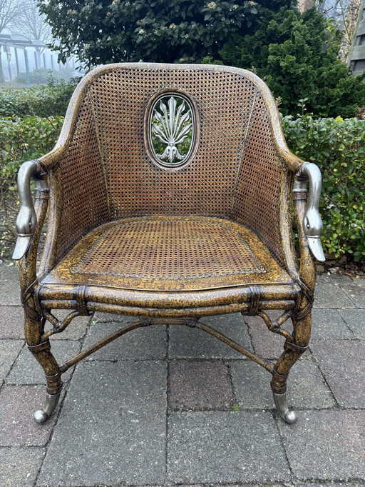 French Bergère Swan Arm, Lounge Chair, Silver Metal, Wicker, Tortoise.