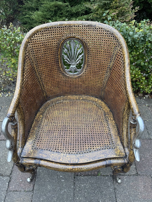 French Bergère Swan Arm, Lounge Chair, Silver Metal, Wicker, Tortoise.