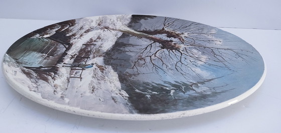 Image 1 of Large Decorative Plate Winter Landscape Porcelain Early 20th century