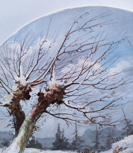 Large Decorative Plate Winter Landscape Porcelain Early 20th century