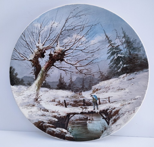 Large Decorative Plate Winter Landscape Porcelain Early 20th century