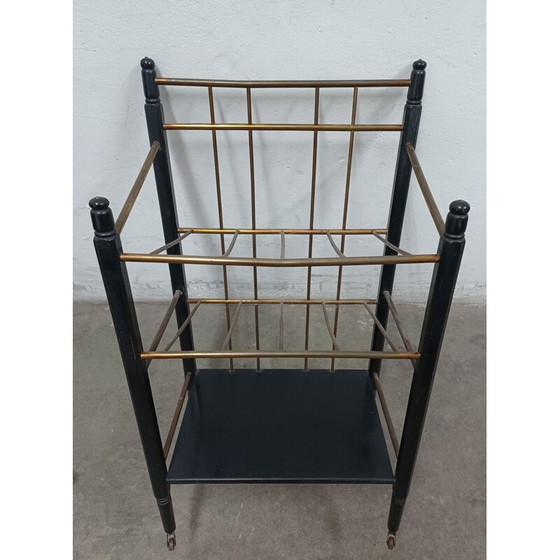 Image 1 of Vintage ebonized mahogany and brass magazine rack, 1920