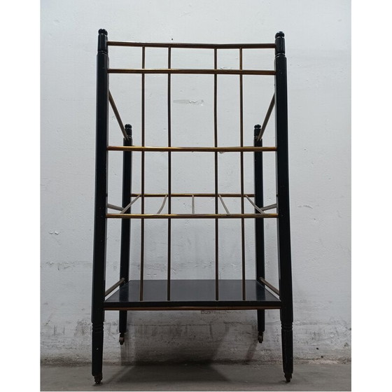 Image 1 of Vintage ebonized mahogany and brass magazine rack, 1920