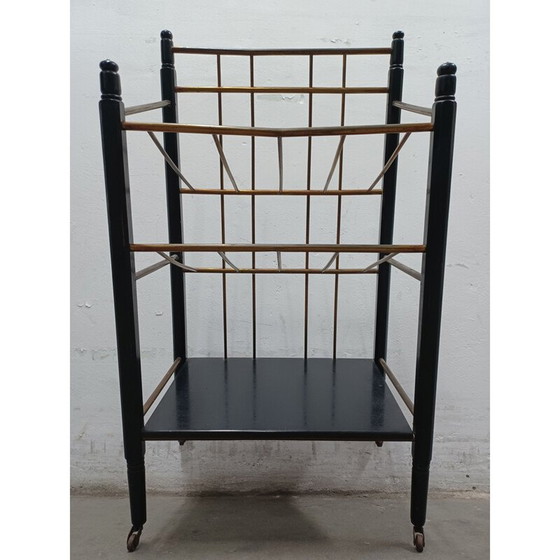 Image 1 of Vintage ebonized mahogany and brass magazine rack, 1920