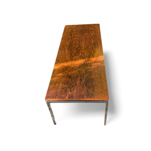 Long Mid-Century Modern Coffee Table With Chrome Steel Frame And Teak Top