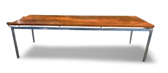 Image 1 of Long Mid-Century Modern Coffee Table With Chrome Steel Frame And Teak Top