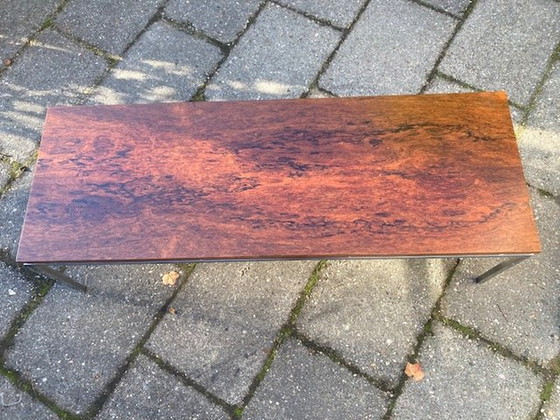 Image 1 of Long Mid-Century Modern Coffee Table With Chrome Steel Frame And Teak Top