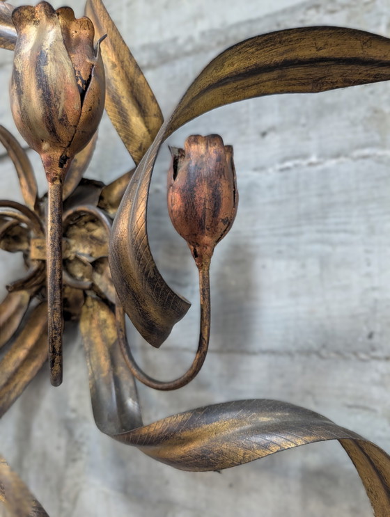 Image 1 of Grande candelabro da parete vintage con tulipani dorati, anni '60