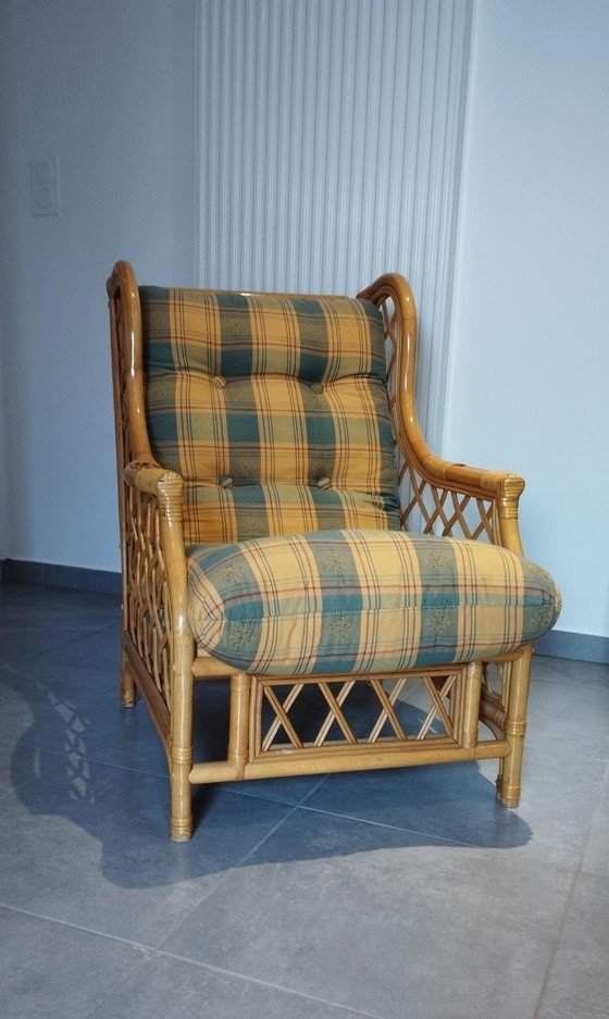 Image 1 of Vintage Bamboo and Rattan Armchair, Two-tone Tartan Shade