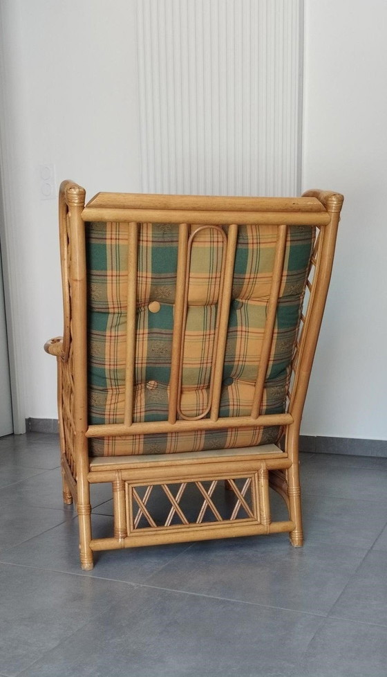 Image 1 of Vintage Bamboo and Rattan Armchair, Two-tone Tartan Shade