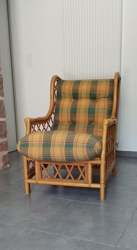 Image 1 of Vintage Bamboo and Rattan Armchair, Two-tone Tartan Shade