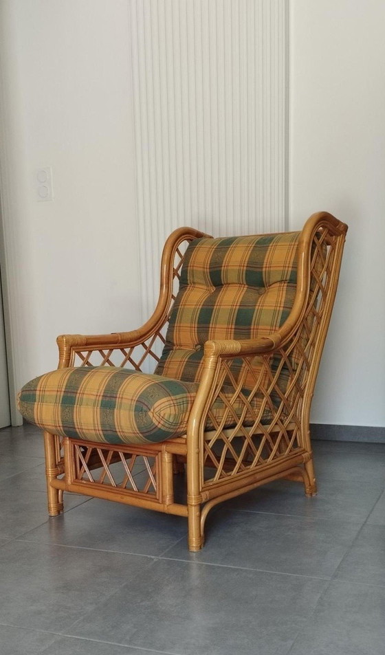 Image 1 of Vintage Bamboo and Rattan Armchair, Two-tone Tartan Shade