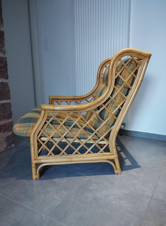 Image 1 of Vintage Bamboo and Rattan Armchair, Two-tone Tartan Shade