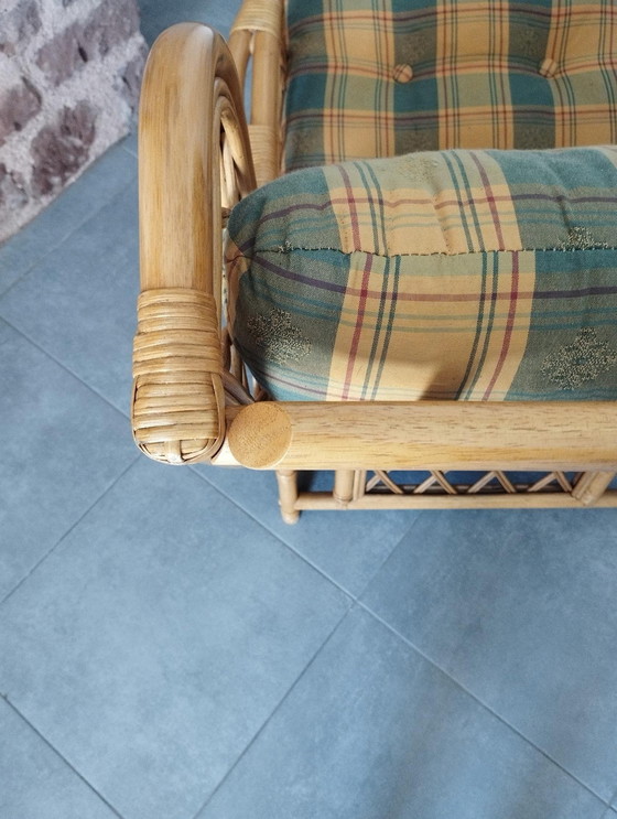 Image 1 of Vintage Bamboo and Rattan Armchair, Two-tone Tartan Shade