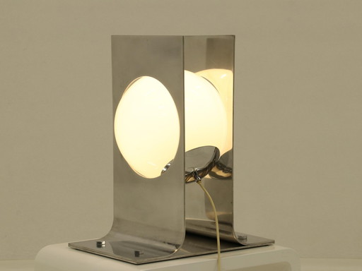 Italian Table Lamp: A Floating Glass Sphere in Polished Aluminium, 1960s