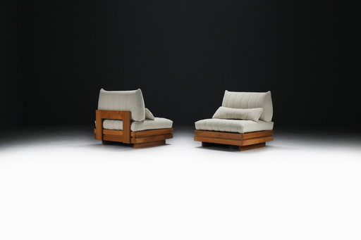 Stunning Elm Wooden Lounge Set in Bouclé by Maison Regain, France 1970s