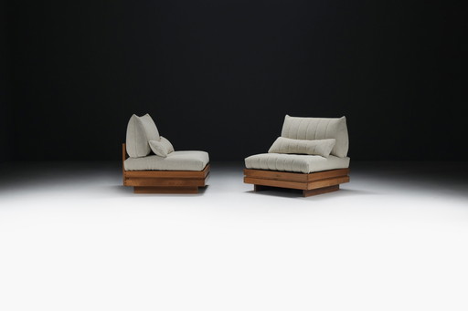 Stunning Elm Wooden Lounge Set in Bouclé by Maison Regain, France 1970s