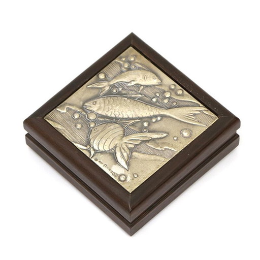 Vintage wooden box with silver embossed lid by Renato Bassoli, 1960