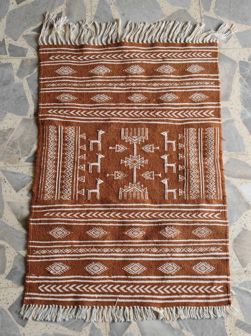 Brown And White Kilim Rug With Gazelle Patterns