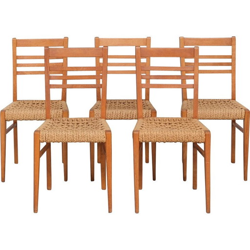 Set of 5 French mid-century rope and wood dining chairs by Audoux-Minet, 1960s