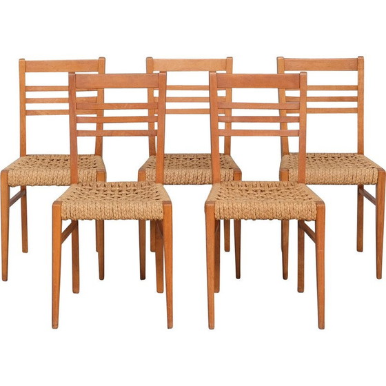 Image 1 of Set of 5 French mid-century rope and wood dining chairs by Audoux-Minet, 1960s