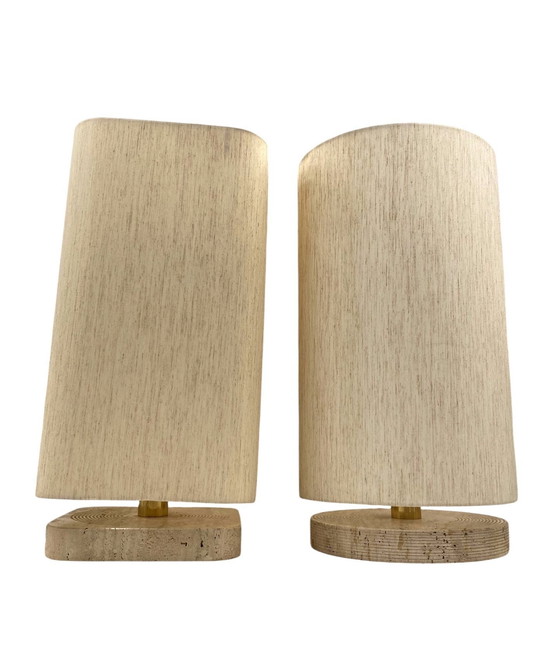 Image 1 of Set Of 2 Hollywood Regency Travertine Table Lamp Base, Italy 1970S