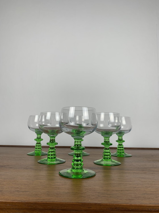 Image 1 of Set Of 6 Vintage Wine Glasses With Emerald Green Stem
