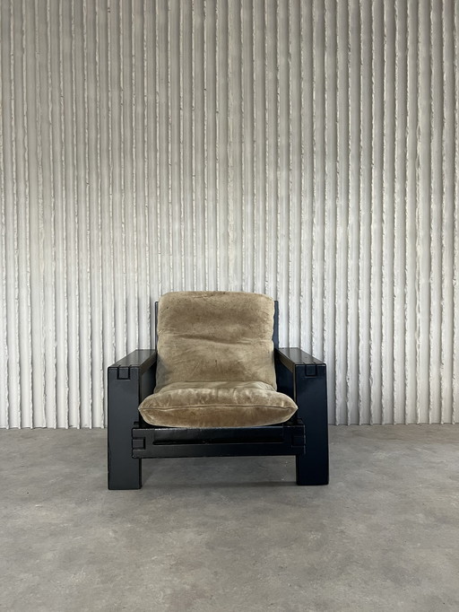 Brutalist Suede & wooden lounge chair