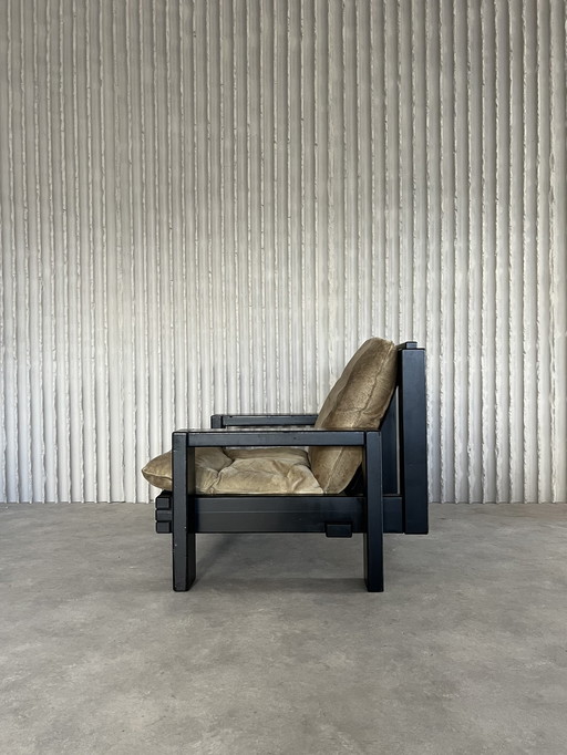 Brutalist Suede & wooden lounge chair