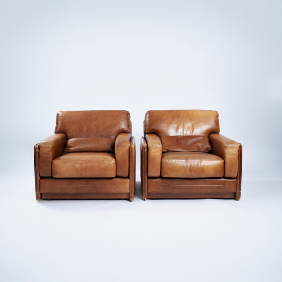 Image 1 of Baxter Arcon Lounge Chairs, Italian Cognac Buffalo Leather Armchairs