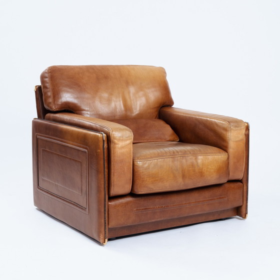 Image 1 of Baxter Arcon Lounge Chairs, Italian Cognac Buffalo Leather Armchairs